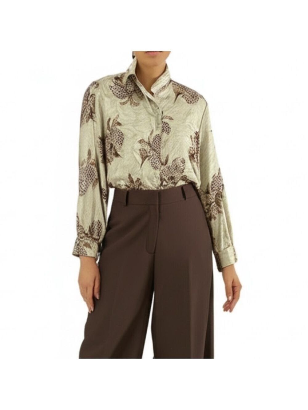 Vintage tan brown floral satin long sleeve top blouse